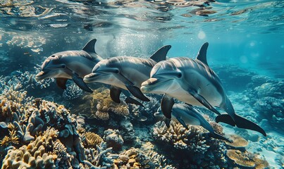 Obraz premium Dolphins swimming in the ocean, marine wildlife, sea creature, protect wildlife, ecology and nature protection, coral reef, animal photography