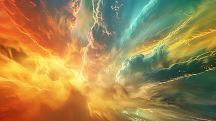 abstract cloud with vibrant colors, orange and yellow and teal, with fire elements, swirling clouds, in the style of fantasy art, epic - obrazy, fototapety, plakaty