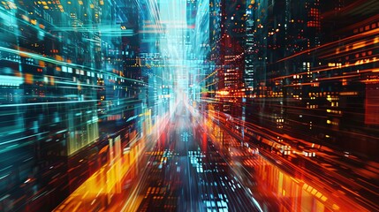 Abstract digital cityscape with light trails and glowing lights, representing the fast paced nature of AI technology in urban environments in the style of AI