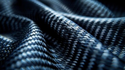 Closeup of carbon fiber fabric, highlighting its texture and details. The material is a dark blue with black highlights, creating an industrial look - obrazy, fototapety, plakaty