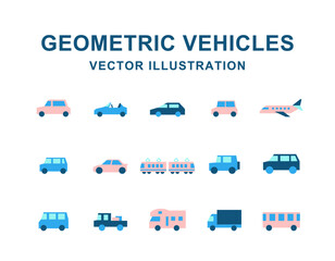 幾何学な乗り物 イラストセット _ ベクター アイコン カラフル 配色 ポップ フラット シンプル デザイン グラフィック 交通 車 