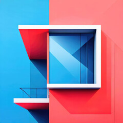 Modern architecture abstract background, 3d render illustration. Red and blue colors. AI generated illustration.