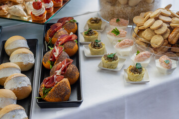 A well-laid out buffet in a restaurant/hotel with a wide choice of snacks, finger food, starters...