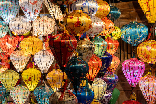 Colorful lanterns spread light on the old street of Hoi An Ancient Town, Vietnam
