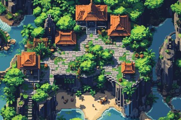 Obraz premium Pixelated village for game map. pixel map in the game. pixelated village maps in the game. Pixel art concept of village. Abstract pixelate landscape background.