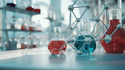 A chemistry lab with a table full of beakers and test tubes