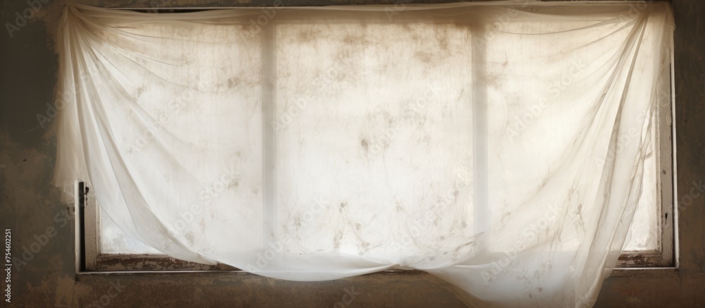 Poster a close-up view of a white curtain hanging in a dirty window, partially blocking the view of the out