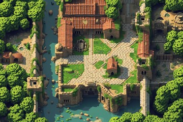 Fototapeta premium Pixelated village for game map. pixel map in the game. pixelated village maps in the game. Pixel art concept of village. Abstract pixelate landscape background.