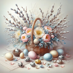 Still life with easter eggs and flowers. Delicate pastel colors.