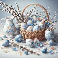 Still life with easter eggs and flowers. Delicate white and blue colors.