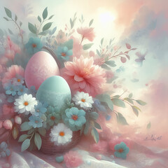 Easter eggs and flowers. Delicate pastel colors.