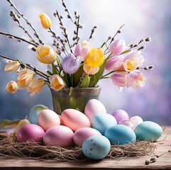 Easter eggs and flowers. Delicate pastel colors.