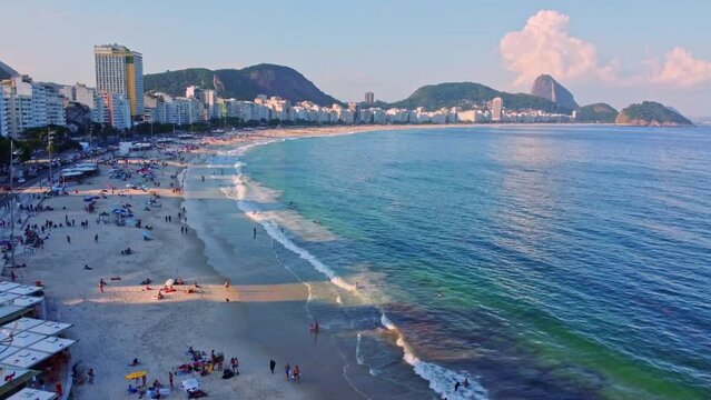 Brazil Rio Di Janero, Copacabana Beach drone footage of perfect sunset. From up high over the beach push into beach