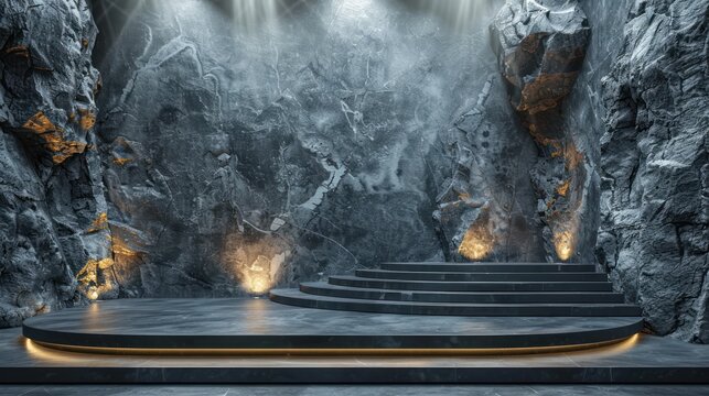 Black, dark and gray geometric Stone and Rock shape background, minimalist mockup for podium display showcase, studio room