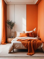 Portrait of a minimalist small bedroom of an apartment, orange theme from Generative AI