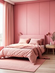 Portrait of a minimalist small bedroom of an apartment, pink theme from Generative AI