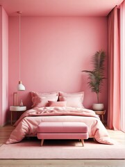 Portrait of a minimalist small bedroom of an apartment, pink theme from Generative AI