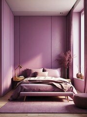 Portrait of a minimalist small bedroom of an apartment, purple theme from Generative AI