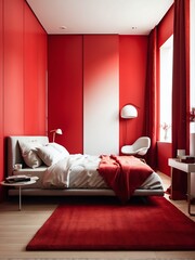 Portrait of a minimalist small bedroom of an apartment, red theme from Generative AI