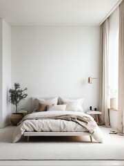 Portrait of a minimalist small bedroom of an apartment, white theme from Generative AI