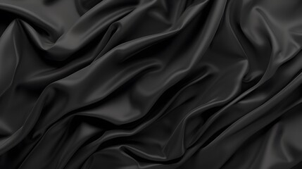 Beautiful background luxury cloth with drapery and wavy folds of black color creased smooth silk satin material texture. Abstract monochrome luxurious fabric background - obrazy, fototapety, plakaty
