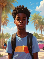 Portrait of a young black african teen boy on summer vacation or spring break from Generative AI