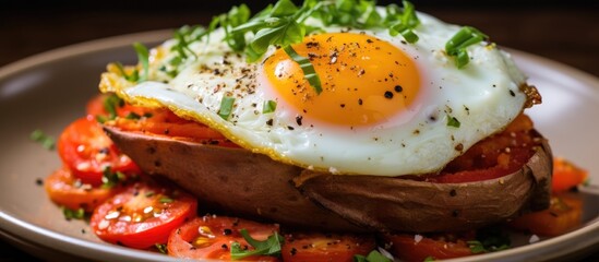 A close-up horizontal view of a plate featuring a nutritious meal. The dish consists of a stuffed sweet potato topped with a perfectly fried egg and fresh tomato slices. The colors are vibrant, and