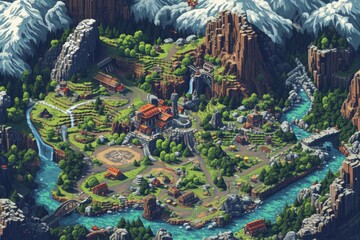 Pixelated village for game map. pixel map in the game. pixelated village maps in the game. Pixel art concept of village. Abstract pixelate landscape background.