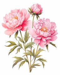 Fototapeta premium Vintage peonies botanical illustrations with delicate details on solid white background