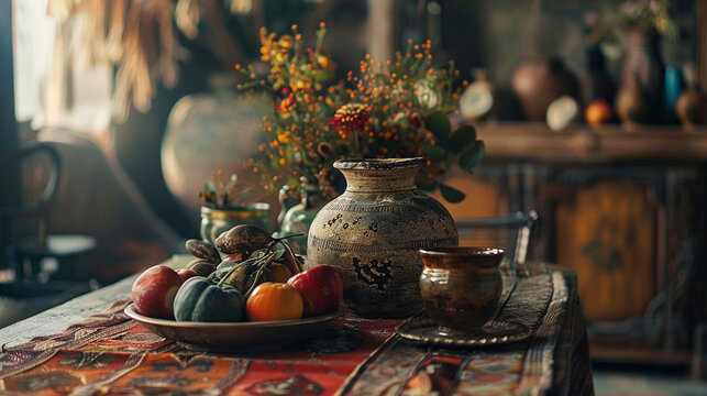 A weathered clay vase, holding a bouquet of wildflowers, brings a touch of nature to a rustic table, 