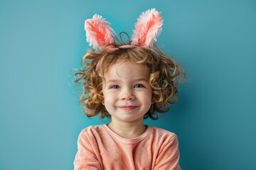 Portrait of a cute little girl in bunny ears on a blue background. Happy Easter concept