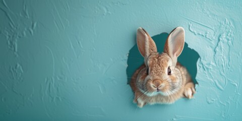 Cute little rabbit peeking in hole on turquoise background with copy space