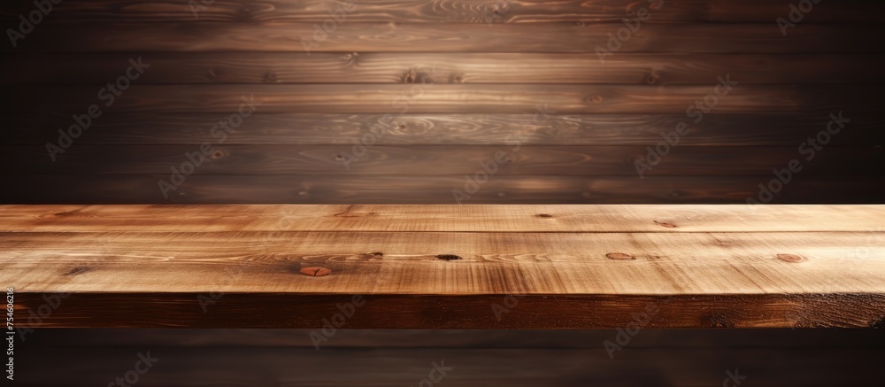 Poster a wooden table is positioned in front of a wooden wall, creating a simple yet rustic setting. the ta