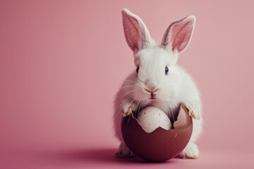 Obraz premium Cute little white rabbit with chocolate egg on pink background. Easter holiday concept.