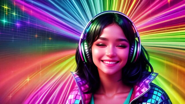 Woman Wearing Headphones With Colorful Background Generative AI