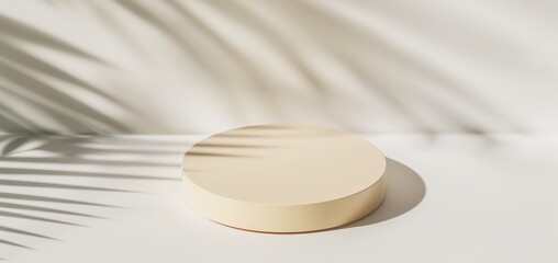 Pastel beige round podium with shadow of palm leaves on a white background, minimalist design concept.