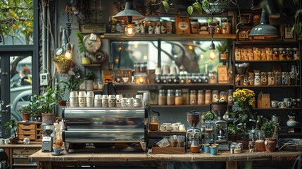 Fototapeta na wymiar interior of a cozy aesthetic cafe with a retro atmosphere