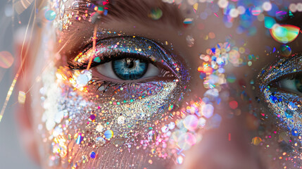  Glitter makeup arranged in mesmerizing patterns, shimmering with brilliance against a pure white backdrop - obrazy, fototapety, plakaty