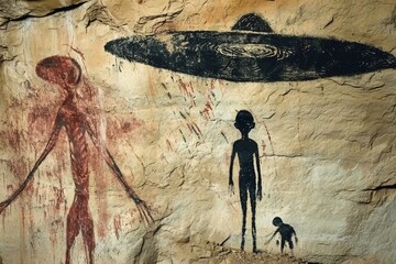 A fictional cave painting from prehistoric times shows an alien and a UFO.