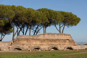 Remains of an ancient stone wall and a Roman aqueduct in a park, in front of tall green trees against a blue sky, natural landscape