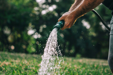 Close up of a hand holding a hose pipe watering the garden in summer