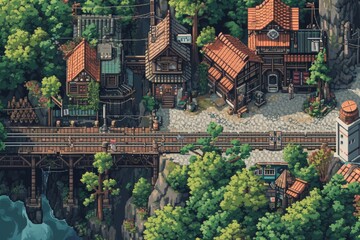 Pixelated village for game map. pixel map in the game. pixelated village maps in the game. Pixel art concept of village. Abstract pixelate landscape background.