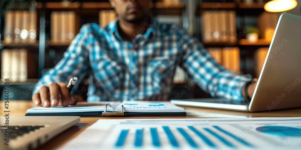 Poster man analyzing data, statistics. analysis of data