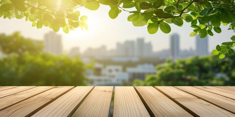 Wooden table top with fresh green leaves foreground and modern cityscape background, concept for eco-friendly urban life. - obrazy, fototapety, plakaty