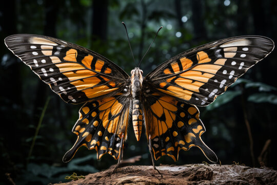 Macro photography of a beautiful butterfly, focus stacking reveals wing mechanism on dark background