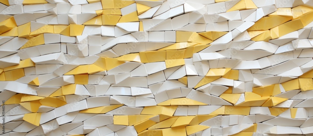 Poster the yellow and white wall is adorned with a multitude of white and yellow squares in an irregular mo