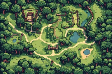 Fototapeta premium Pixelated village for game map. pixel map in the game. pixelated village maps in the game. Pixel art concept of village. Abstract pixelate landscape background.