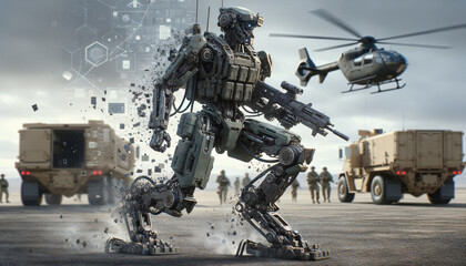 Digital Vanguard: Futuristic Military Robot in Geo-Digital Disintegration