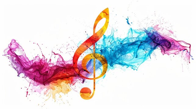 Dynamic musical score display that splashes bright colors Make pictures show creativity Contrasted with a clean white background. Capture attention with a bright and lively presentation.