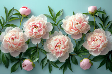 a lot of Buds of beautiful fresh peonies lie on a light milky Cyclorama, uncluttered, top view, elegance, aesthetic, style, minimalism, beauty - obrazy, fototapety, plakaty